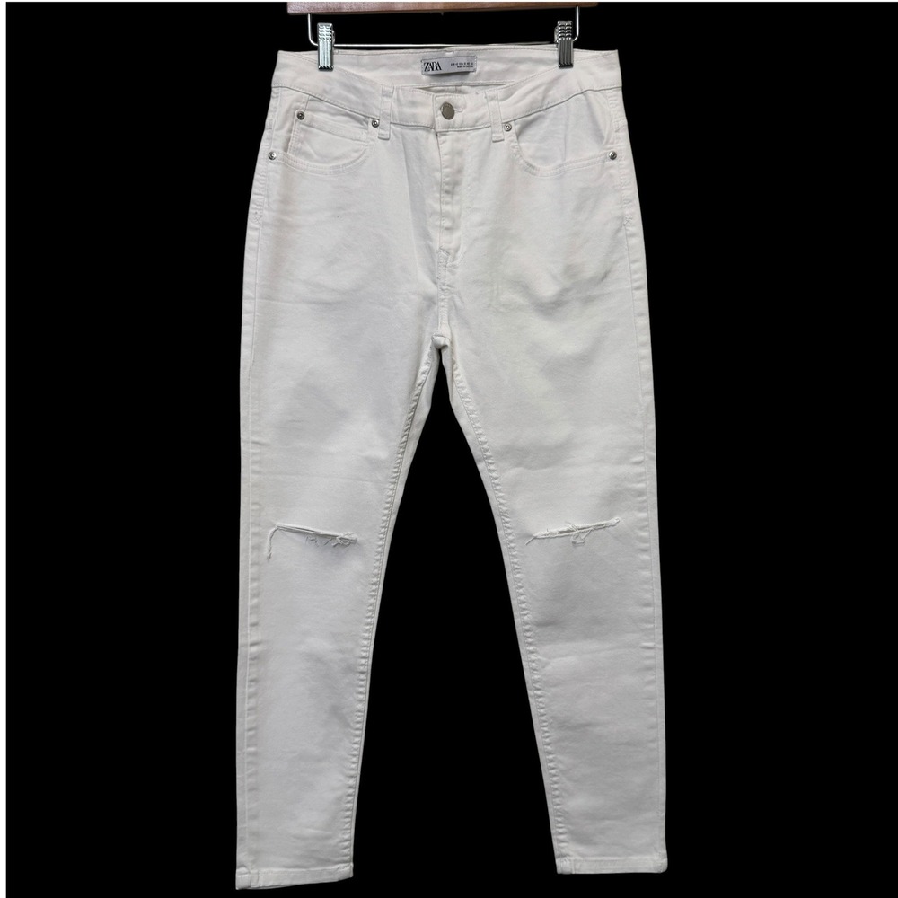 Zara Men Skinny Fit Jeans 32 White Distressed Ripped Streetwear Urban Monochrome
